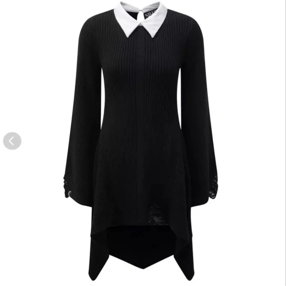 Killstar Black Hellda Distressed Long Sleeve Sweater Dress with White Collar - Picture 1 of 11
